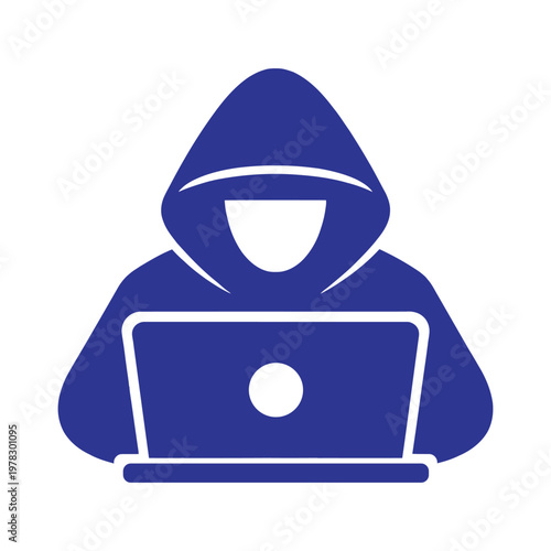 Cyber security hacker character wearing hood working on laptop computer for unauthorized data access and digital crime theme.