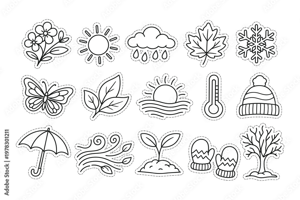 Obraz premium Collection of seasonal and weather-related icons in simple line drawings