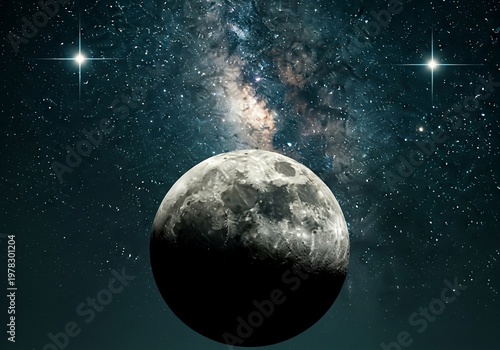 Cinematic View of the Moon with Milky Way Galaxy and Bright Stars in Deep Space Background