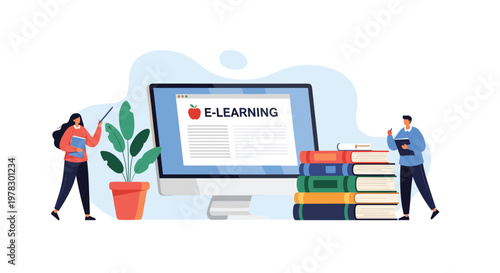 Students standing near a large computer monitor with e-learning text and a stack of books for digital education illustration.