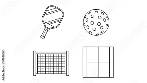 Pickleball Essentials: A comprehensive illustration of pickleball equipment, including the paddle, ball, net, and court, ready for an exciting game.