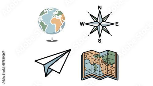 Globetrotter's Toolkit: A collection of essential travel symbols, including a globe, compass rose, paper airplane, and map, evokes a sense of exploration and adventure, ready for journey.