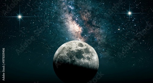 Cinematic View of the Moon with Milky Way Galaxy and Bright Stars in Deep Space Background