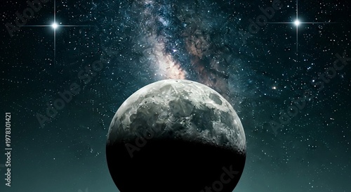 Cinematic View of the Moon with Milky Way Galaxy and Bright Stars in Deep Space Background