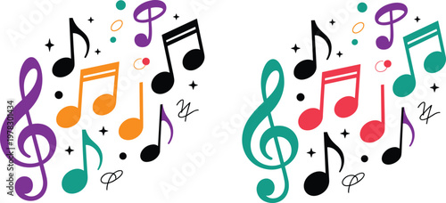 Creative musical note vector composition featuring colorful treble clefs and quavers with decorative sparkles isolated on a white background