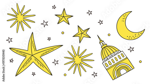 A collection of whimsical, hand-drawn celestial and architectural elements in yellow and white with black outlines.