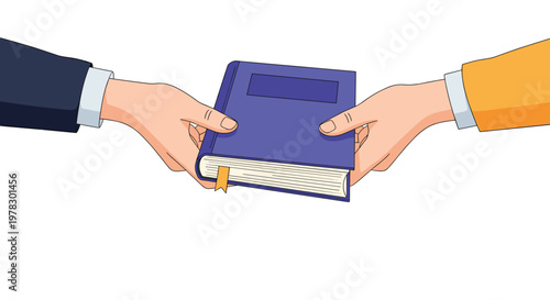 Two hands reaching out to pass a blue book with a golden bookmark, symbolizing sharing knowledge, education, or literary exchange.