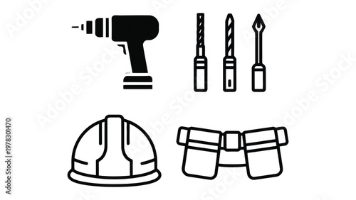 Construction Tools Set: A collection of essential construction tools, including a drill, drill bits, a hard hat, and a tool belt, presented in a clean and organized manner.