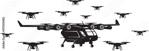 Drone, helicopter, and mini drones vector icons, black silhouette, aircraft fleet, unmanned vehicles