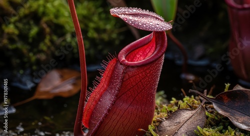 Close-Up of a Unique Red Pitcher Plant with Morning Dew Drops