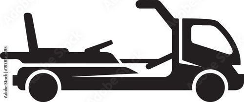 Black silhouette flatbed truck, vehicle transport icon, cargo carrier, flatbed trailer