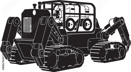 Heavy duty bulldozer, construction equipment, industrial vehicle, black and white vector