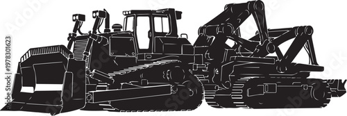Heavy machinery icons, construction equipment, bulldozer, excavator, industrial vehicles