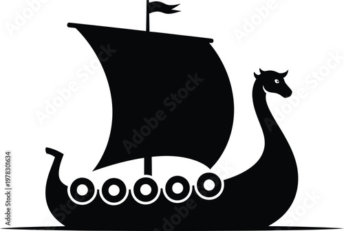 Silhouette ancient longship sailing on water vector illustration