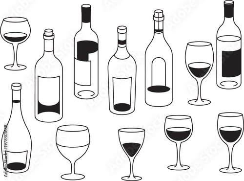 wine bottles and glasses set minimalist line art vector illustration