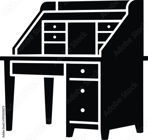 Silhouette antique secretary desk with drawers and compartments vector illustration