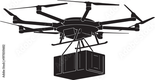 Drone, aerial, delivery, cargo, black, vector, illustration, transport, logistics