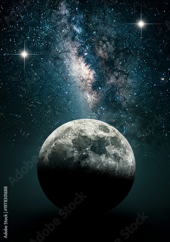 Cinematic View of the Moon with Milky Way Galaxy and Bright Stars in Deep Space Background