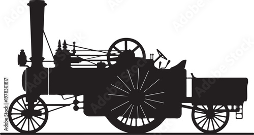 Vintage steam engine, antique locomotive, industrial machine, black silhouette