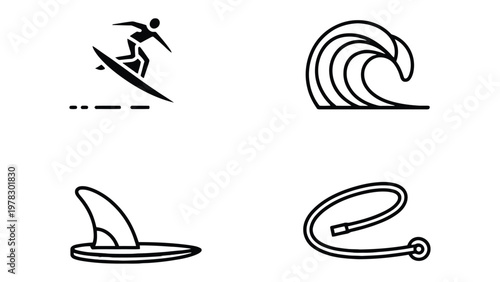 Surf's Up: a collection of illustrations that capture the thrill of riding the ocean waves. Including surfer, wave, surfboard fin and leash.