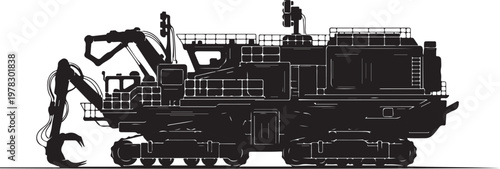 Industrial mining excavator, heavy machinery, construction equipment, black vector