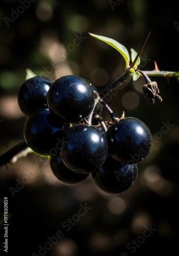 Close-Up of Black Berries on Branch with Dark Background
