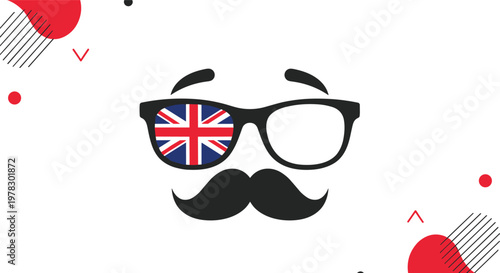 Stylized face consisting of glasses with the Union Jack on one lens, a thick mustache, and abstract red shapes in the background.
