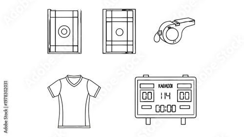 Sports Equipment: A minimalist vector illustration presents a collection of essential sports items, perfect for designs related to sport activities.