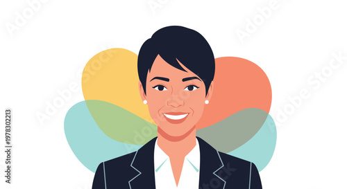 Portrait of a smiling professional woman with short dark hair wearing a business suit and white earrings against a colorful abstract background.