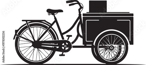 Black tricycle, delivery bike, cargo bike, food delivery tricycle, vector illustration