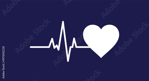 White heart symbol combined with a cardiac rhythm line representing a heartbeat or pulse on a solid dark blue background for medical concepts.