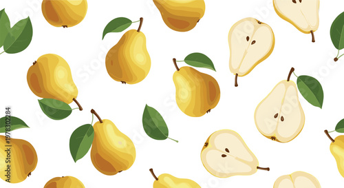Seamless pear fruit pattern with whole and sliced pieces, fresh organic autumn illustration for textile, packaging and background design