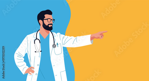 Male doctor with a beard wearing a white coat and stethoscope pointing towards a blank yellow space against a blue and yellow background.