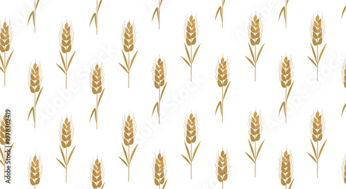 Elegant seamless pattern featuring repeated golden wheat stalks with leaves arranged in a regular grid on a plain white background for bakery.