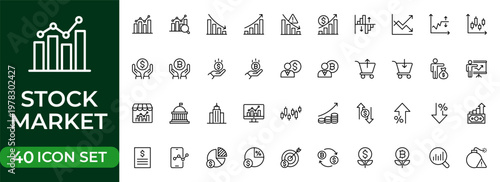 Stock Market and Trading Line Icon Set for Investment, Finance, Bull and Bear Market, Stock Exchange, Profit Growth and Market Analysis Outline Vector Collection
