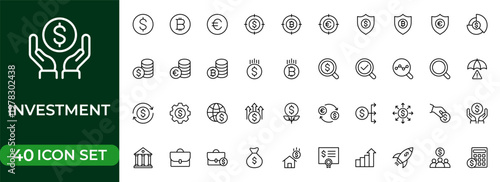 Investment and Financial Planning Line Icon Set for Investor, Mutual Fund, Portfolio Management, Dividend, Risk Analysis, Capital Growth and Economic Strategy Outline Vector Collection