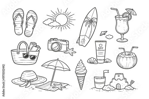 Tableau sur toile A collection of iconic beach and summer vacation items illustrated in black and