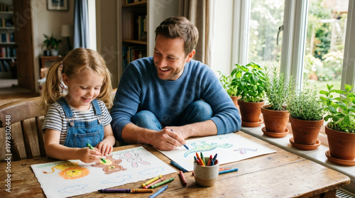 A father and his young daughter happily drawing pictures together at a wooden table by a window.