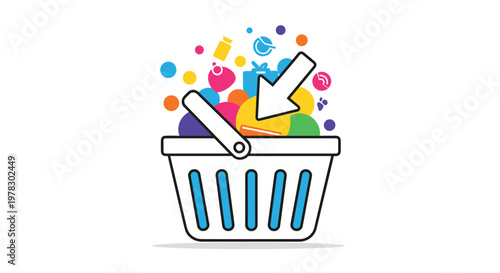 White shopping basket icon filled with colorful spheres and icons with a large white arrow pointing into it on a clean white background.