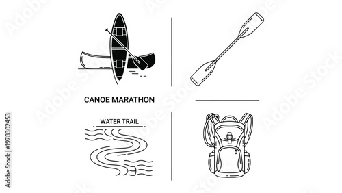 Canoe Marathon Elements: Simple line illustrations present essential components for a water-based adventure: canoe, oar, backpack, and the water trail.