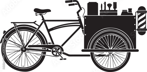 Vintage bicycle, barber cart, black and white, illustration, vector graphics, 1 element