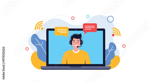 Friendly man with a headset appearing on a laptop screen with speech bubbles for customer support, online consultation, or call center service.