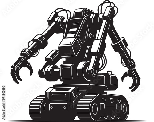 Robotic, industrial robot, mechanical creature, tank tread vehicle, black and white vector illustration