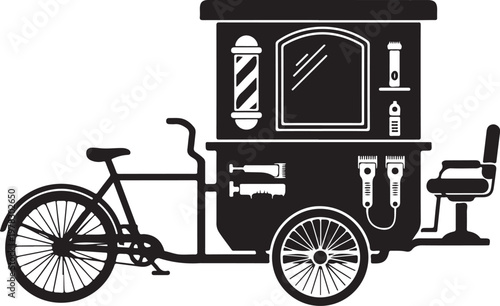 Vintage bicycle barber shop, mobile barbershop, black and white illustration, urban grooming cart
