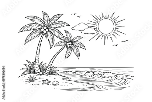 Serene tropical beach scene with palm trees and gentle waves under a bright sun.