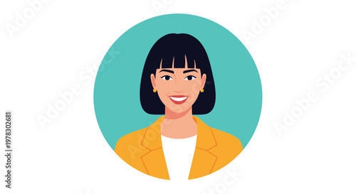 Portrait of a smiling woman with black hair wearing a yellow jacket and white top inside a teal circle on a clean white background avatar.