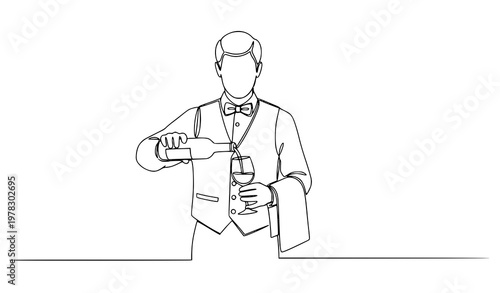 Waiter With Wine One Line Drawing Hospitality Vector