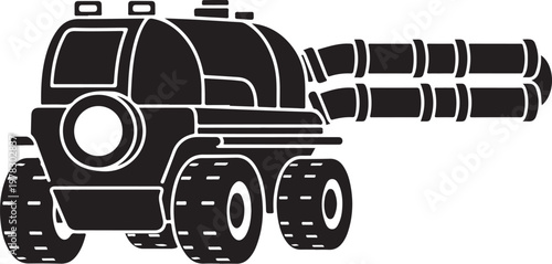 Black, industrial-style, vector missile launcher icon, military vehicle graphic