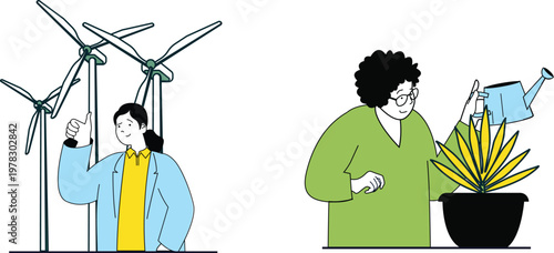 A young boy plays a trumpet under a windmill with a large tree