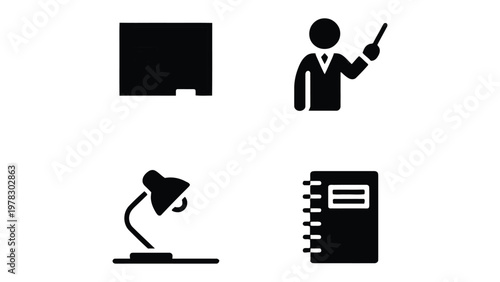 Educational Essentials Icon Set: A minimalistic collection of education-themed icons, depicting a teacher, chalkboard, notebook, and lamp. Symbolizing learning and knowledge acquisition.